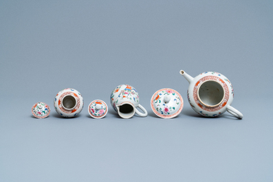 A Chinese famille rose teapot, tea caddy, milk jug and tray, Qianlong