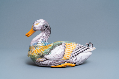 A fine polychrome French faience 'duck' tureen and cover, France, 18th C.