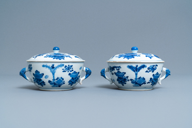 A pair of Chinese blue and white 'antiquities' bowls and covers, Kangxi