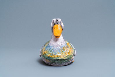 A fine polychrome French faience 'duck' tureen and cover, France, 18th C.