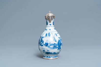 A Chinese blue and white silver-mounted ewer, Transitional period