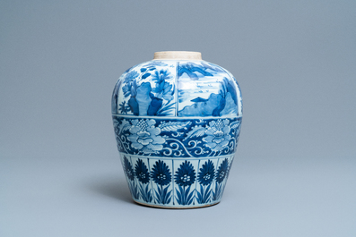 A large Chinese blue and white jar with wooden cover, Kangxi