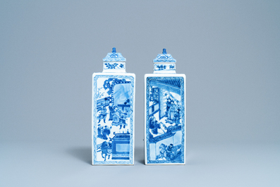 A pair of Chinese blue and white square vases and covers, Kangxi