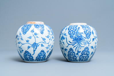 A pair of Chinese blue and white jars with floral design, Kangxi