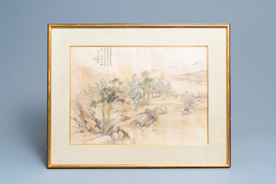 Chinese school, ink and colour on silk, 20th C.: 'Three landscape views'