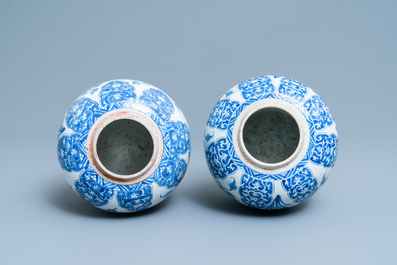 A pair of Chinese blue and white jars with floral design, Kangxi