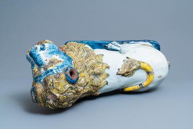 A pair of monumental polychrome Rouen faience models of lions, France, 18th C.