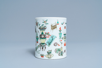 A Chinese famille verte 'antiquities' brush pot, Kangxi