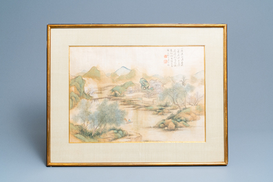 Chinese school, ink and colour on silk, 20th C.: 'Three landscape views'