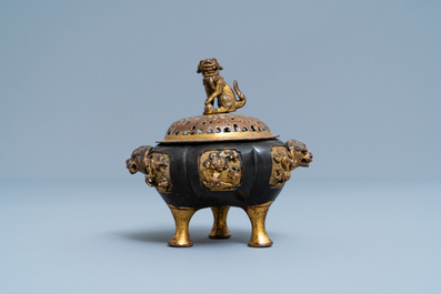 A Chinese lacquered and parcel-gilt bronze tripod censer and cover, Ming