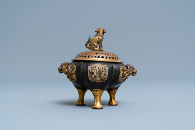 A Chinese lacquered and parcel-gilt bronze tripod censer and cover, Ming