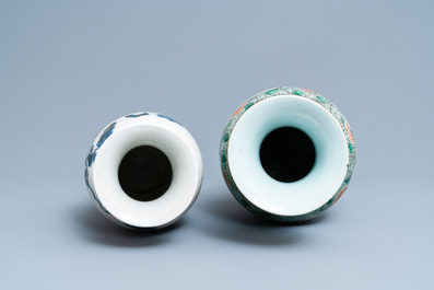 A Chinese famille verte vase and a blue and white vase, 19th C.