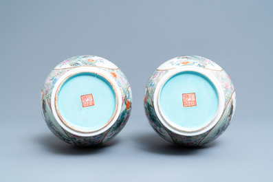 A pair of Chinese famille rose 'millefleurs' vases, Qianlong mark, Republic