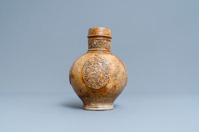 A stoneware jug with three armorial medallions, Raeren, ca. 1600