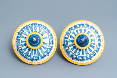 An important pair of large inscribed Italian maiolica drug jars and covers, Naples, dated 1724