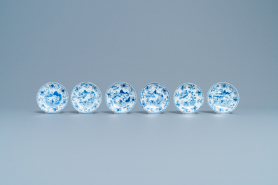 Six Chinese blue and white cups and saucers with horseriders, Kangxi