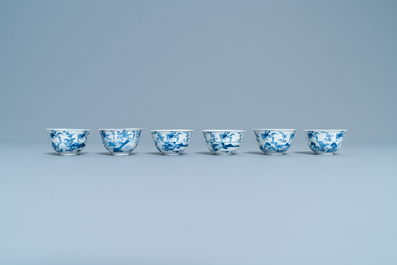 Six Chinese blue and white cups and saucers with horseriders, Kangxi