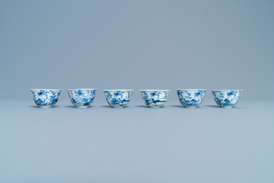 Six Chinese blue and white cups and saucers with horseriders, Kangxi