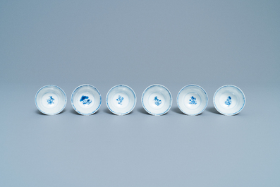 Six Chinese blue and white cups and saucers with horseriders, Kangxi