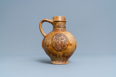 A stoneware jug with three armorial medallions, Raeren, ca. 1600