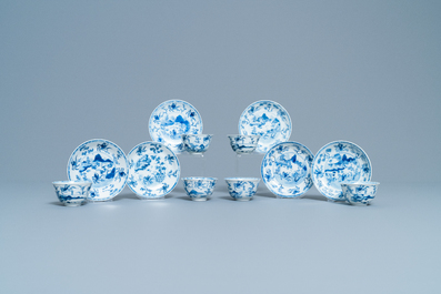 Six Chinese blue and white cups and saucers with horseriders, Kangxi