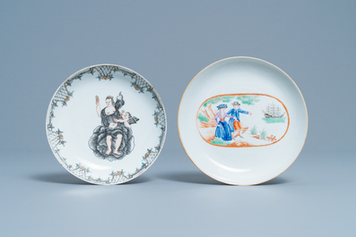 A pair of Chinese armorial 'Aberdeen' plates, a grisaille saucer and a 'sailor's farewell' saucer, Qianlong