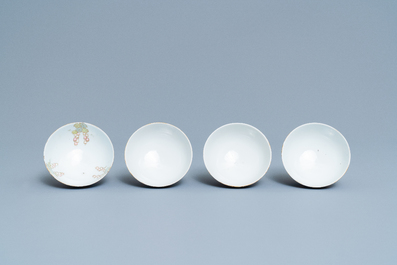 Four Chinese blue-ground bowls with floral designs, Yongzheng mark, Republic