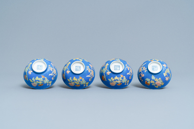 Four Chinese blue-ground bowls with floral designs, Yongzheng mark, Republic