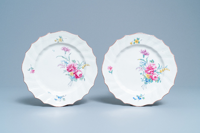 Four polychrome Tournai porcelain plates with flowers, 18th C.