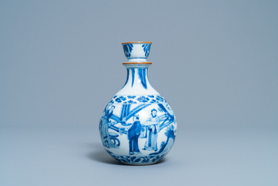 A Chinese blue and white huqqa base with a narrative design, Kangxi