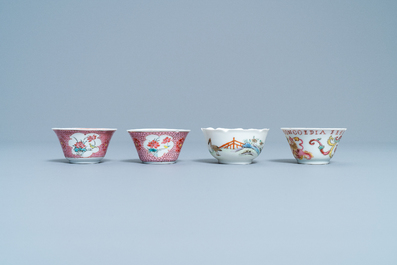 Quatre tasses et deux soucoupes en porcelaine de Chine famille rose, Yongzheng/Qianlong
