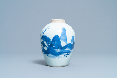 Een Chinese blauw-witte pot met landschapsdecor, Transitie periode