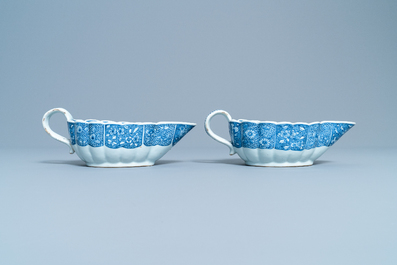 A pair of Chinese blue and white 'Romance of the Western Chamber' sauce boats on stand, Qianlong