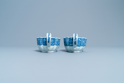 A pair of Chinese blue and white 'Romance of the Western Chamber' sauce boats on stand, Qianlong