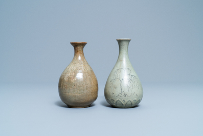 Two Korean celadon vases, probably Goryeo/Joseon, 14/15th C.