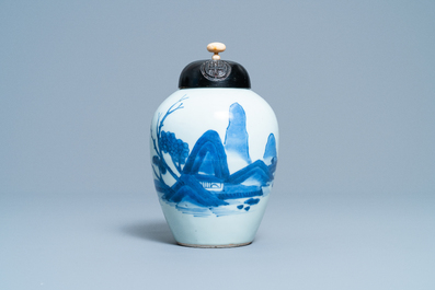 A Chinese blue and white 'landscape' jar, Transitional period