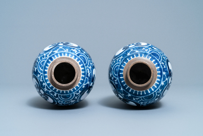 A pair of Dutch Delft blue and white chinoiserie Kangxi-style vases, ca. 1800