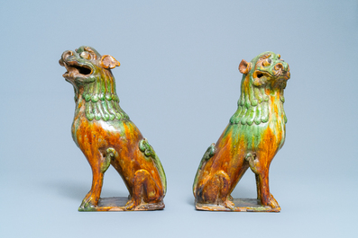 A pair of Chinese sancai-glazed models of temple lions, Ming