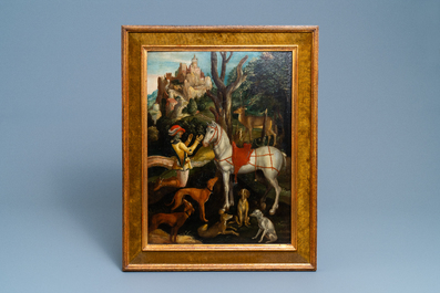 Flemish School after Albrecht D&uuml;rer, 16/17th C., oil on panel: The Vision of Saint Eustace or Saint Hubertus