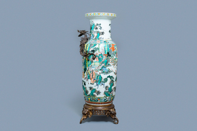 A large gilt bronze-mounted Chinese famille verte rouleau vase, 19th C.