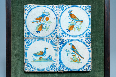 Four polychrome Dutch Delft tiles with birds within a medallion, Haarlem, 17th C.