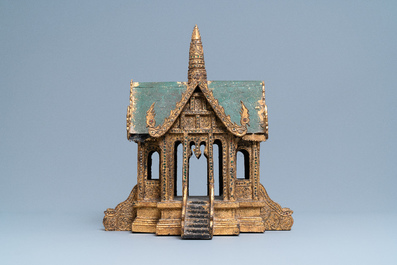 A parcel-gilt carved wood miniature temple, Thailand, 19/20th C.