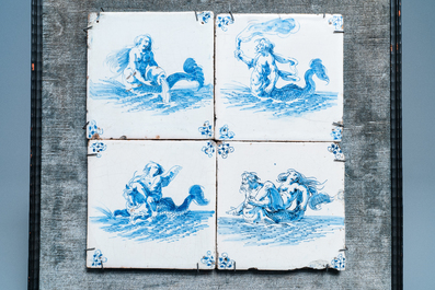 Quatre carreaux en fa&iuml;ence de Delft en bleu et blanc &agrave; d&eacute;cor de monstres marins, 17&egrave;me