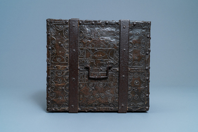 A brass and iron-mounted wooden casket, Germany, 17/18th C.