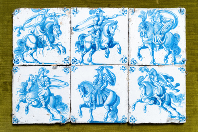 Six Dutch Delft blue and white 'horserider' tiles, 17/18th C.