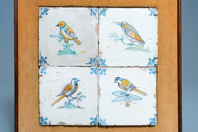 Four polychrome Dutch Delft bird tiles, 17th C.