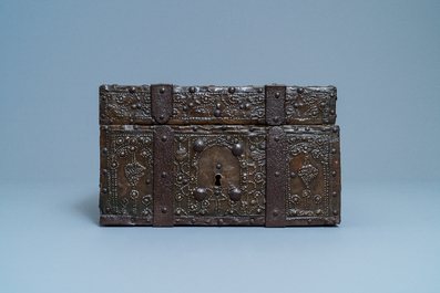 A brass and iron-mounted wooden casket, Germany, 17/18th C.