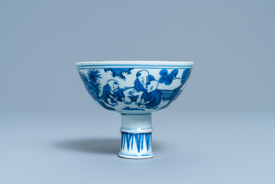 A Chinese blue and white 'playing boys' stem cup, Wanli