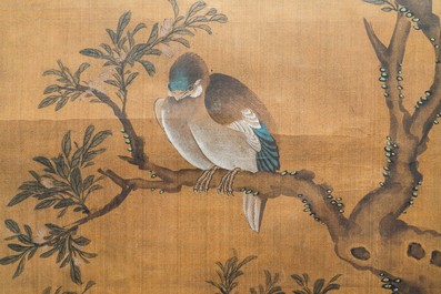 Shen Quan (1682-1762) encre et couleurs sur soie, 18&egrave;me: 'Deux sc&egrave;nes aux oiseaux'