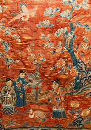 Three Chinese embroidered silk panels depicting an imperial audience, 19th C.